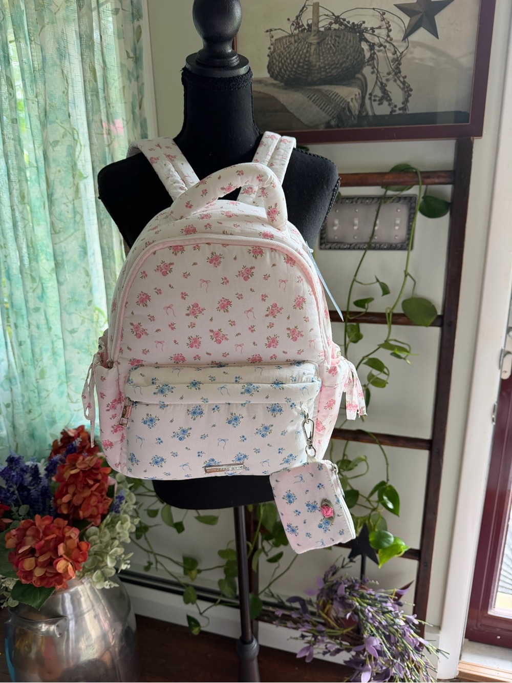 Madden Girl White Floral Mini Backpack with Pink and Blue Prints